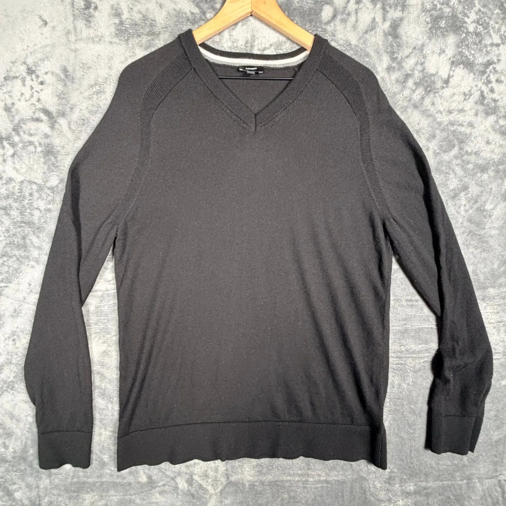 Express Mens Merino Wool Sweater L Black V-Neck Pullover Long Sleeve‎ Knit